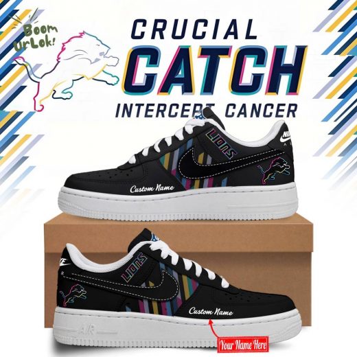 Black Detroit Lions 2024 NFL Crucial Catch Intercept Cancer Custom Name Air Force 1