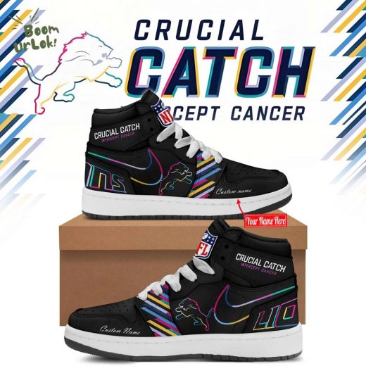 Black Detroit Lions 2024 NFL Crucial Catch Intercept Cancer Custom Name Air Jordan 1