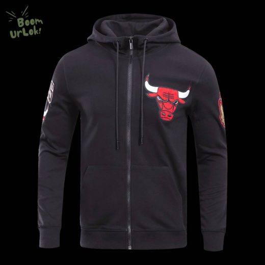 NBA Chicago Bulls Classic Chenille Men’s Black FZ Pullover Hoodie – Retro Basketball Hoodie