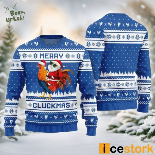 Merry Cluckmas Chicken Ugly Christmas Sweater Blue