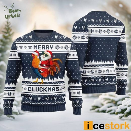 Merry Cluckmas Chicken Ugly Christmas Sweater Navy