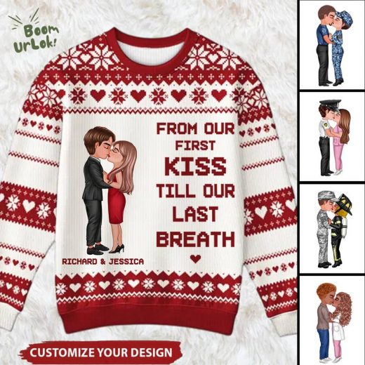 Personalized Christmas Couple Hugging & Kissing Occupation Ugly Sweater