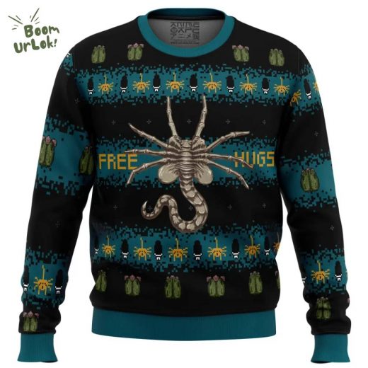 Alien Facehugger Free Hugs Ugly Christmas Sweater – Sci-Fi Holiday Fun