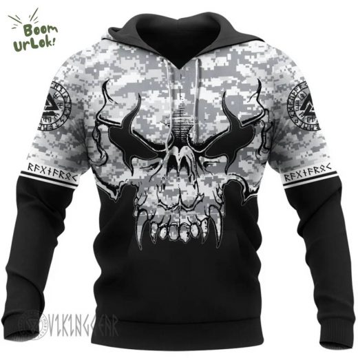 Angry Skull Camo Vintage Viking Hoodie