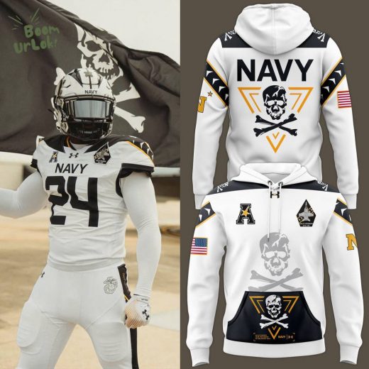 Men’s Under Armour White Navy Midshipmen 2024 Rivalry Shield Fleece Hoodie – Premium Edition