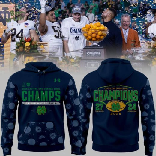 Notre Dame Fighting Irish Football NCAA Under Armour Orange Bowl Champions Navy Hoodie 2025