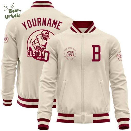 Custom Cream Maroon Bomber Varsity Letterman Jacket – Zipper Style