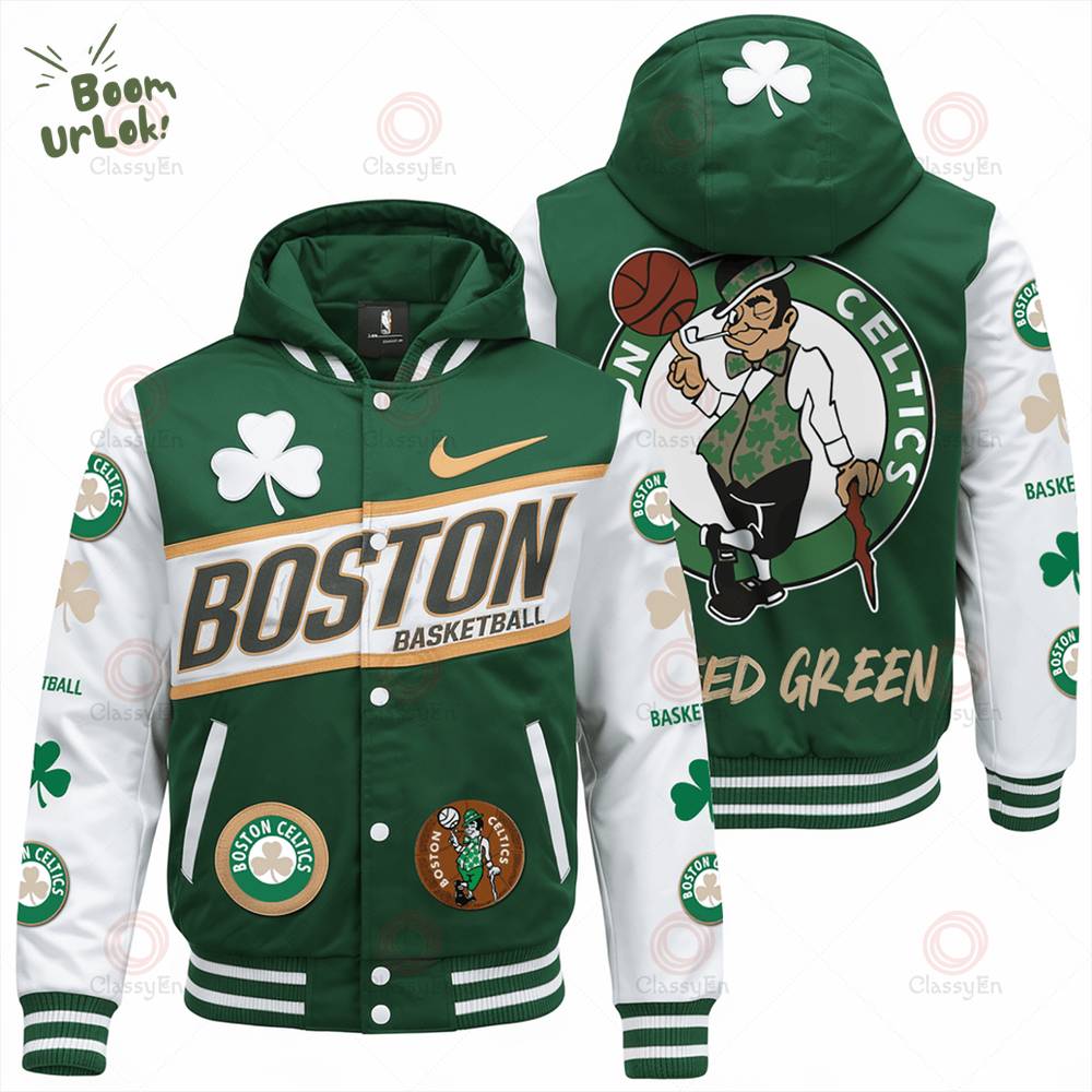 Green & White Boston Team Basketball Hooded Varsity Jacket - Basketball Fan Apparel Green & White Boston Team Basketball Hooded Varsity Jacket - Basketball Fan Apparel