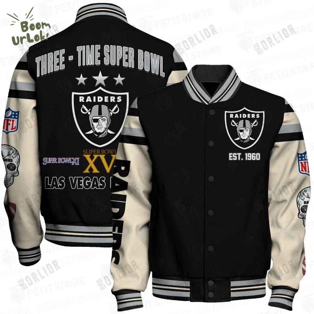 Raider 3-Time Super Bowl NFL Print Varsity Jacket - American Football Jacket Raider 3-Time Super Bowl NFL Print Varsity Jacket - American Football Jacket
