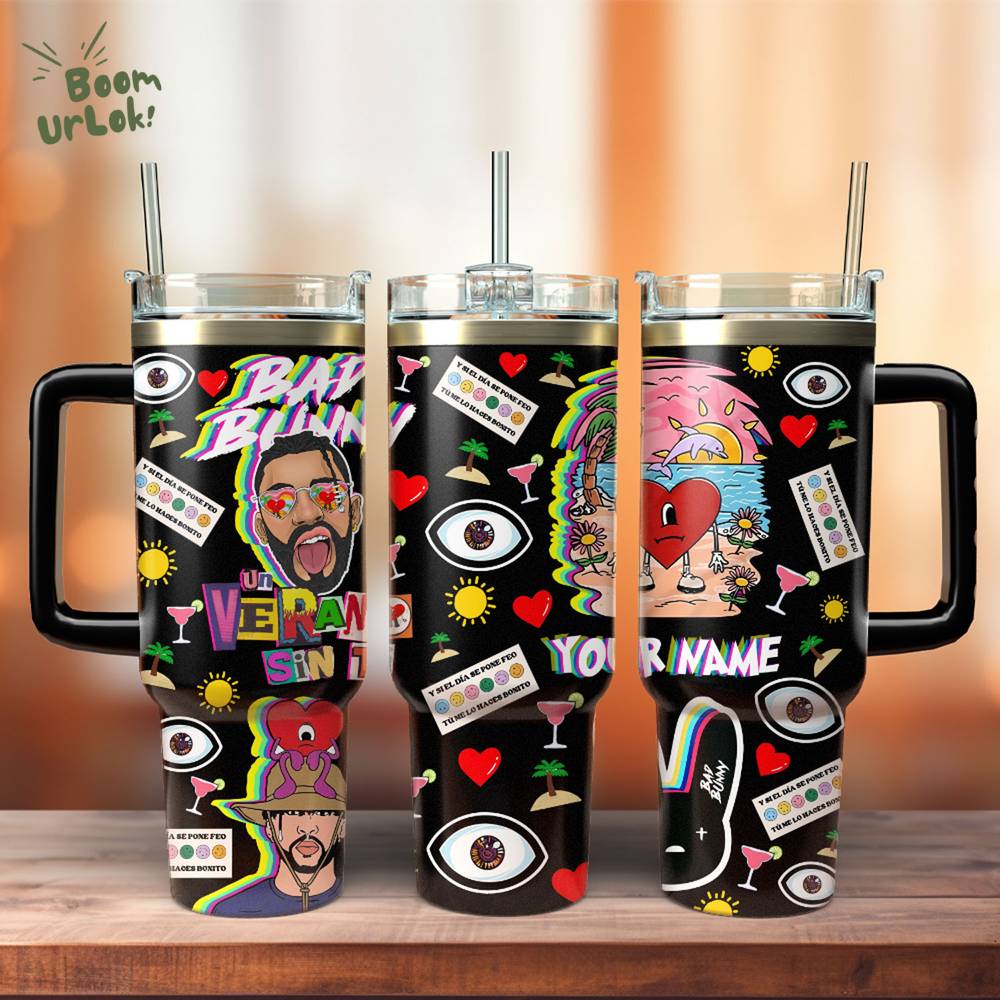 Bad Bunny Custom Stanley Quencher 40oz Stainless Steel Tumbler With Handle Black Version Bad Bunny Custom Stanley Quencher 40oz Stainless Steel Tumbler With Handle Black Version