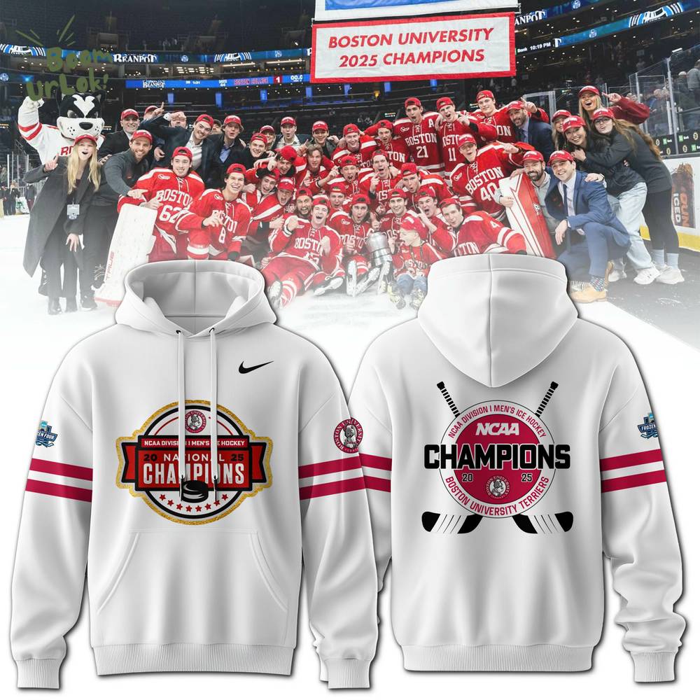 Boston University Terriers men’s ice hockey National Champions 2025 White Hoodie Boston University Terriers men’s ice hockey National Champions 2025 White Hoodie