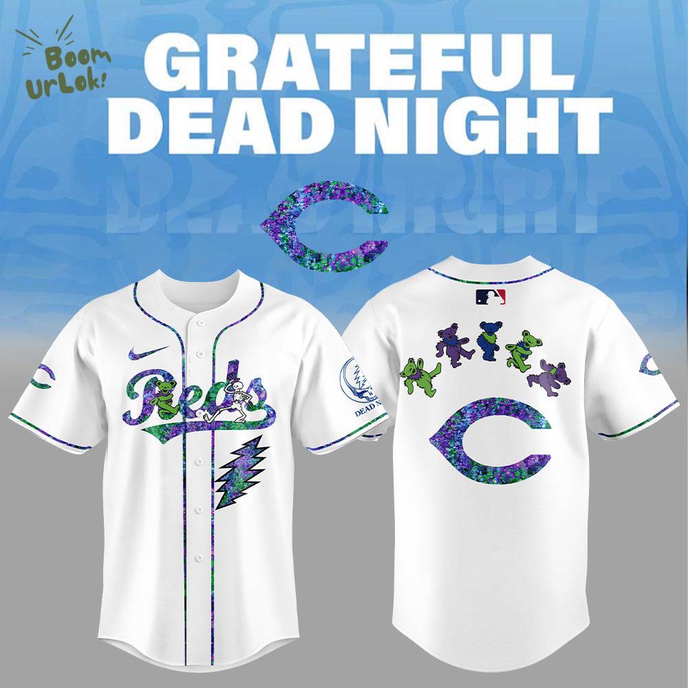 Cincinnati Reds Grateful Dead Night Baseball Jersey Flat Cap Set Cincinnati Reds Grateful Dead Night Baseball Jersey Flat Cap Set