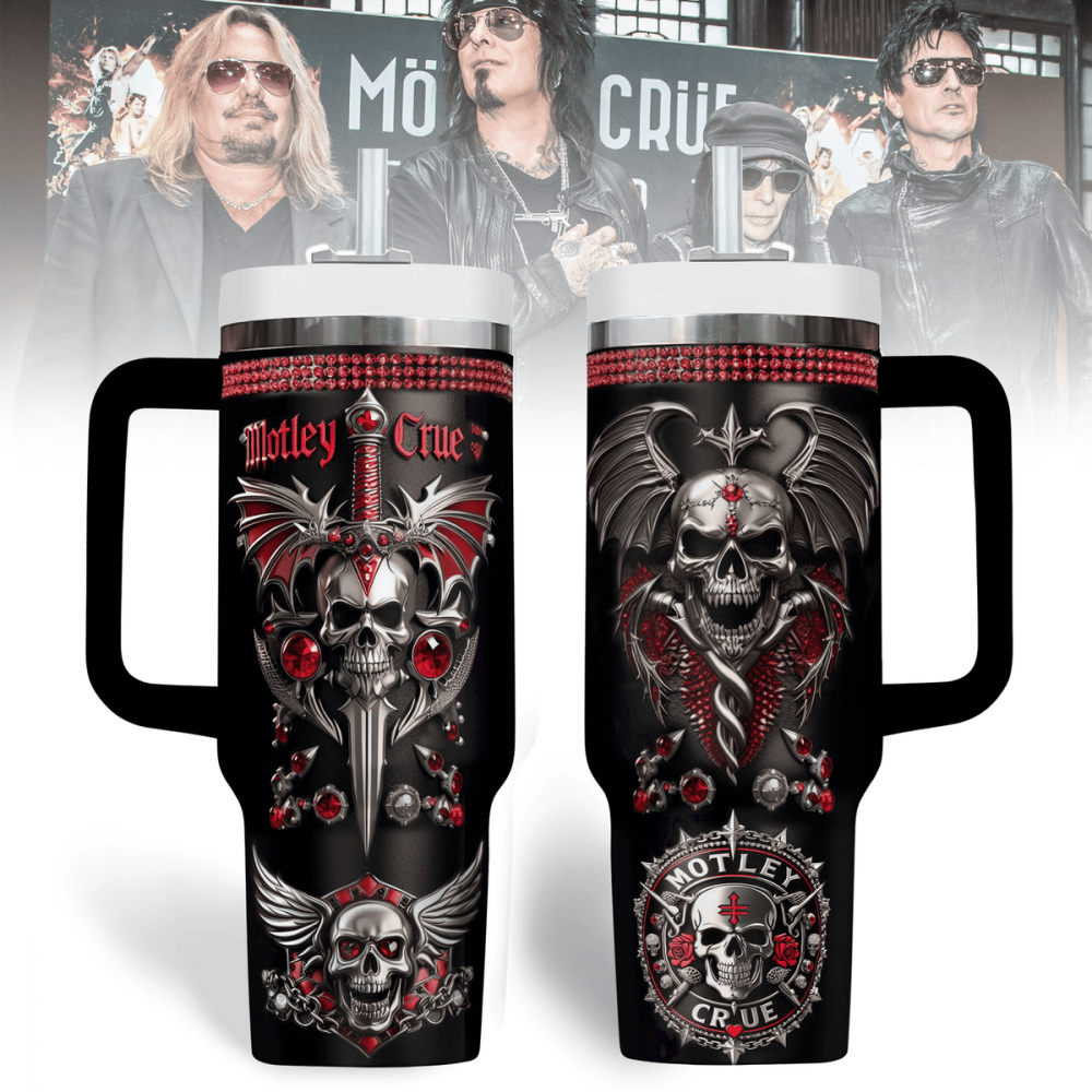 Motley Crüe Skull Tumbler with Handle – Gothic Rock Band Travel Mug for Metal Fans