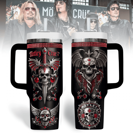 Motley Crüe Skull Tumbler with Handle – Gothic Rock Band Travel Mug for Metal Fans