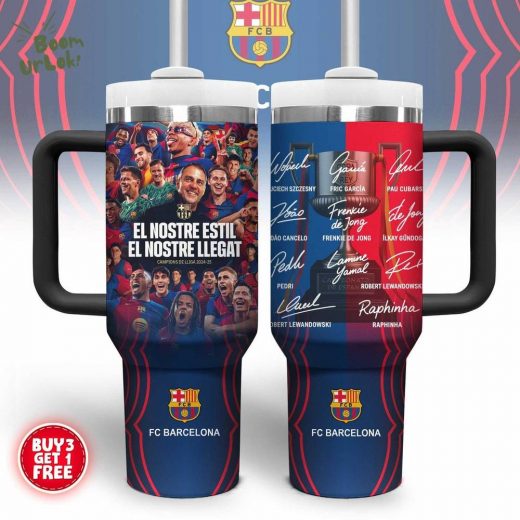 FC Barcelona Travel Mug – 2024-25 La Liga Champions Cup Design with Player Signatures