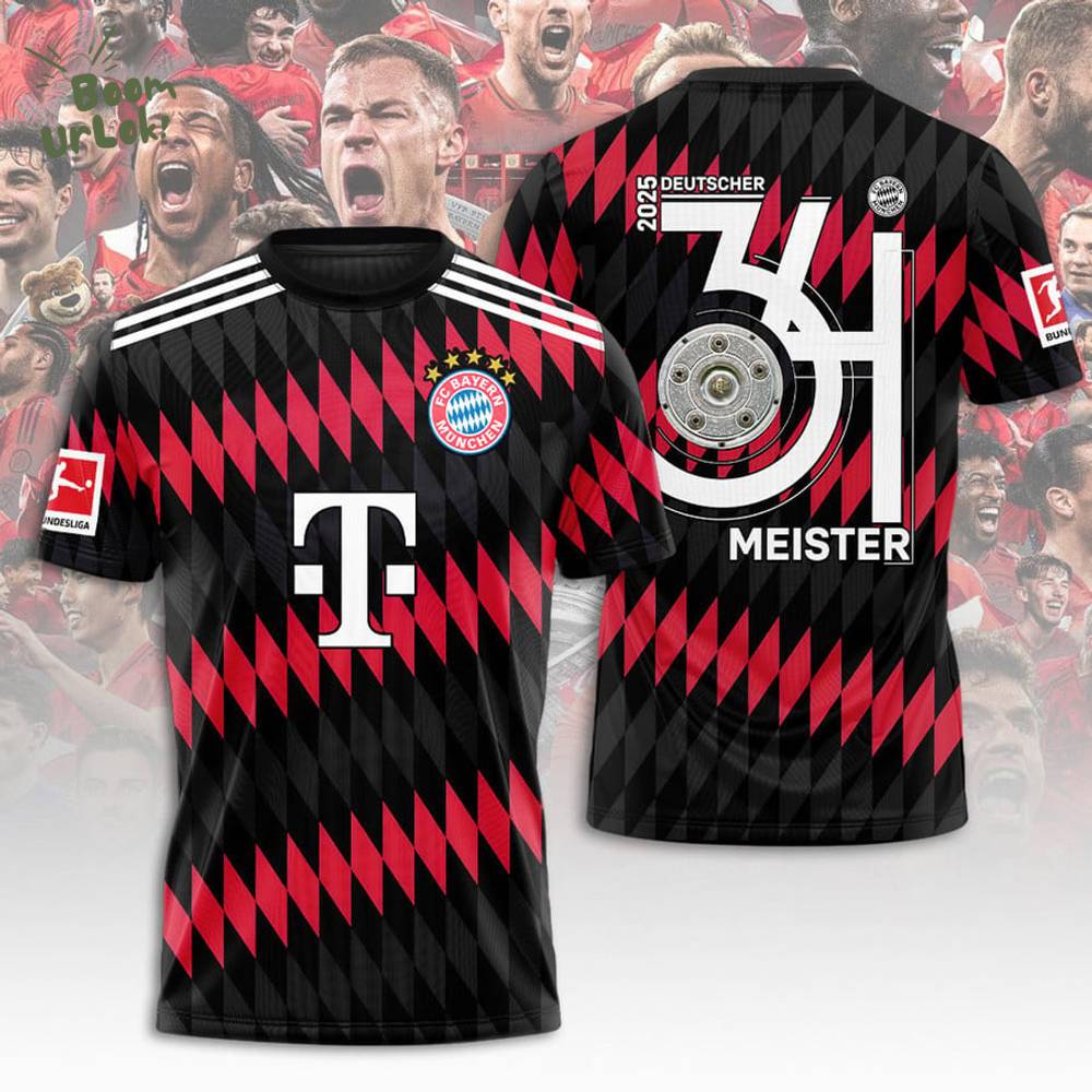 FC Bayern Munich 2025 Bundesliga Champions Shirt– 34th Deutscher Meister Shirt Black & Red Limited Edition FC Bayern Munich 2025 Bundesliga Champions Shirt– 34th Deutscher Meister Shirt Black & Red Limited Edition