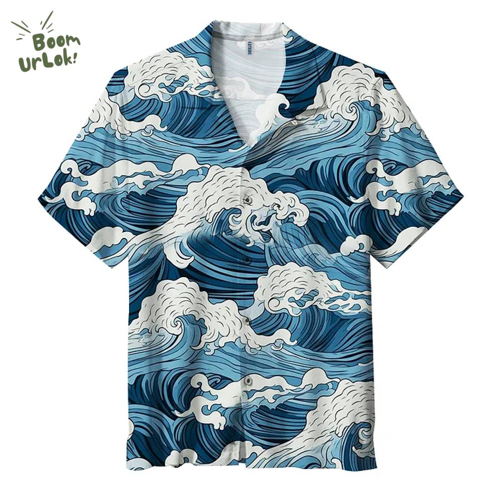 Great Wave Japanese Ocean Print Hawaiian Shirt – Summer Beach Button-Up Great Wave Japanese Ocean Print Hawaiian Shirt – Summer Beach Button-Up
