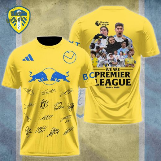 Leeds United Premier League Promotion Shirt 2024–2025 – Yellow Fan Jersey with Autographs & Players Collage
