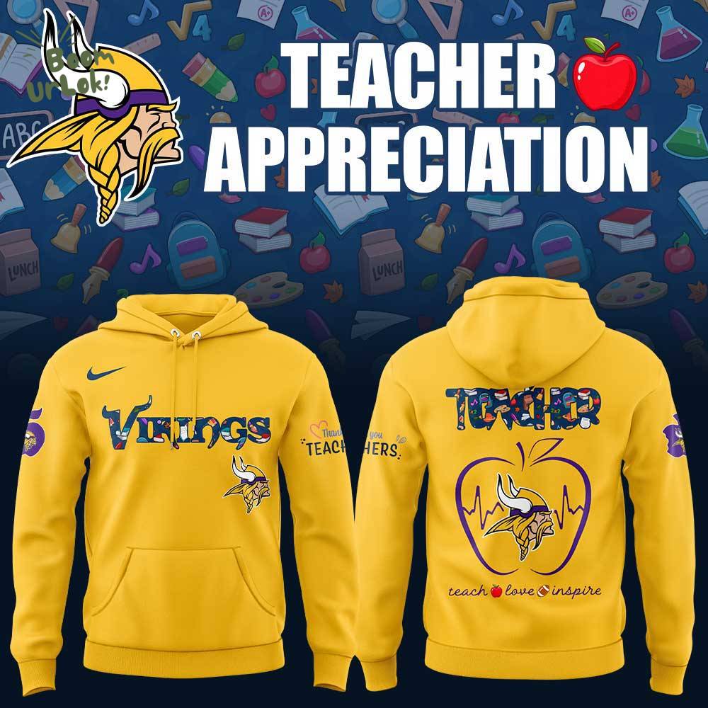 Minnesota Vikings TEACHER Appreciation 2025 Yellow Hoodie Minnesota Vikings TEACHER Appreciation 2025 Yellow Hoodie