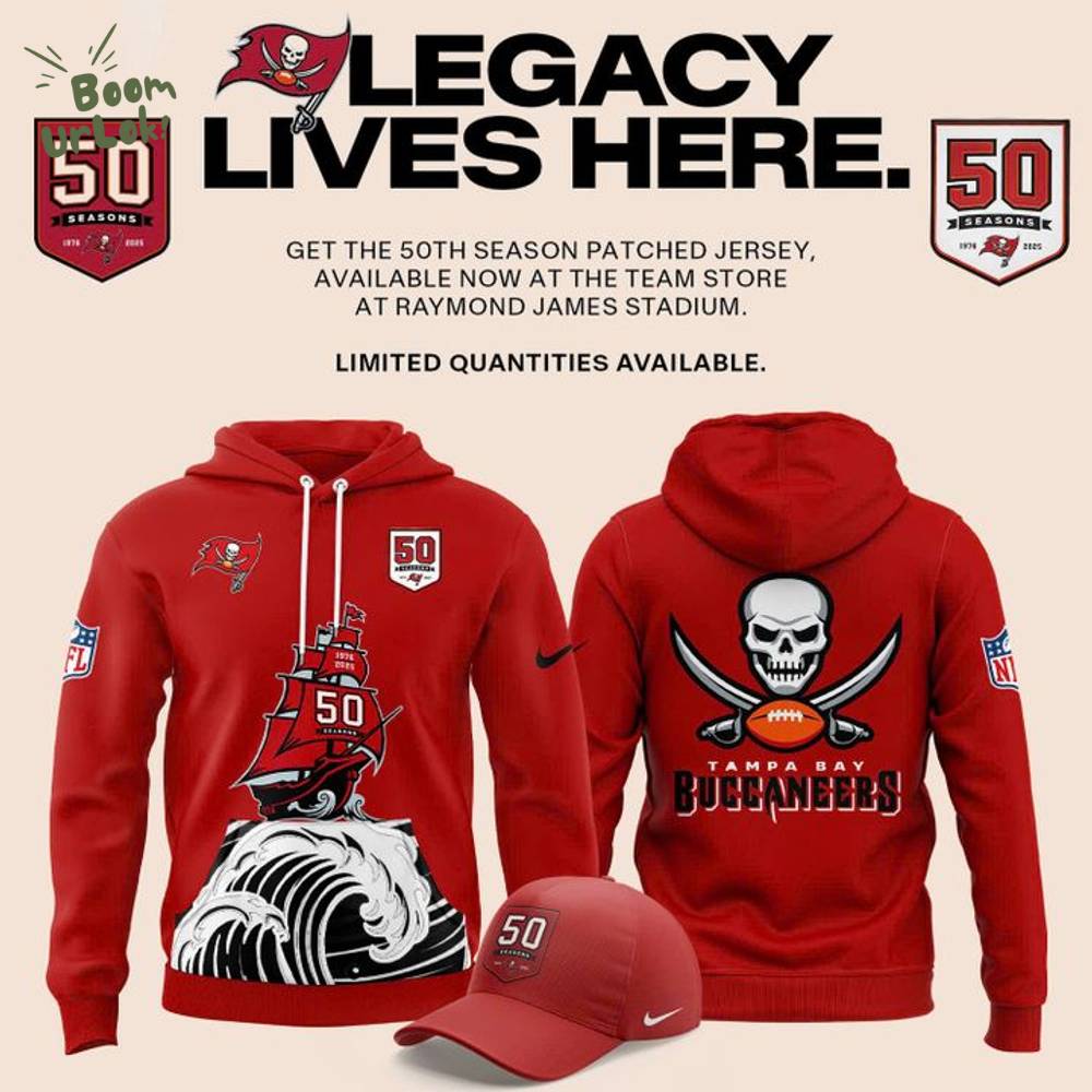 Tampa Bay Buccaneers Celebrate the legacy of 50 Seasons Hoodie 2025 Red Tampa Bay Buccaneers Celebrate the legacy of 50 Seasons Hoodie 2025 Red