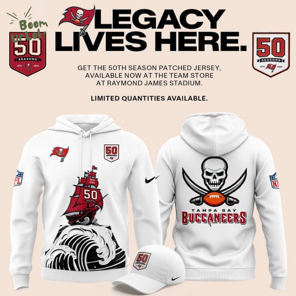 Tampa Bay Buccaneers Celebrate the legacy of 50 Seasons Hoodie 2025 White Tampa Bay Buccaneers Celebrate the legacy of 50 Seasons Hoodie 2025 White