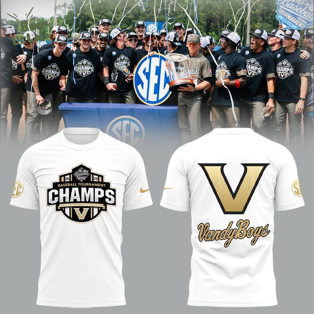 Vanderbilt Baseball x 2025 SEC BASEBALL TOURNAMENT CHAMPS White TShirt Vanderbilt Baseball x 2025 SEC BASEBALL TOURNAMENT CHAMPS White TShirt