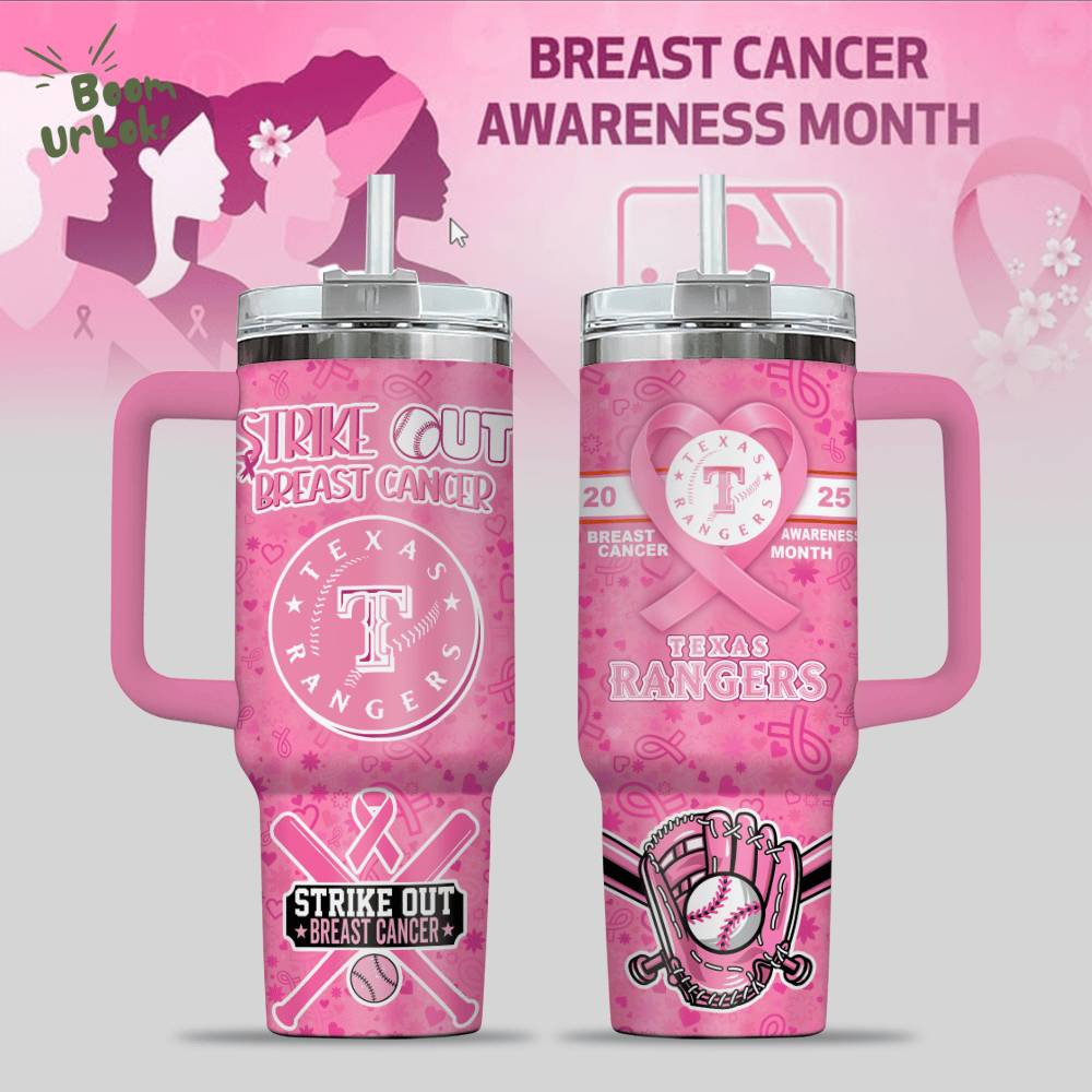 Texas Rangers Breast Cancer Awareness Tumbler With Handle Texas Rangers Breast Cancer Awareness Tumbler With Handle