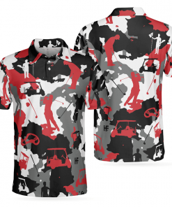 Red White Camouflage Golf Golfer Silhouette Camo Polo Shirt