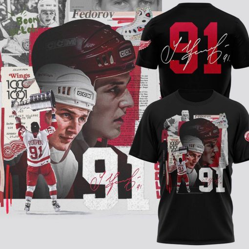 Detroit Red Wings 91 Sergei Fedorov Tshirt-Black