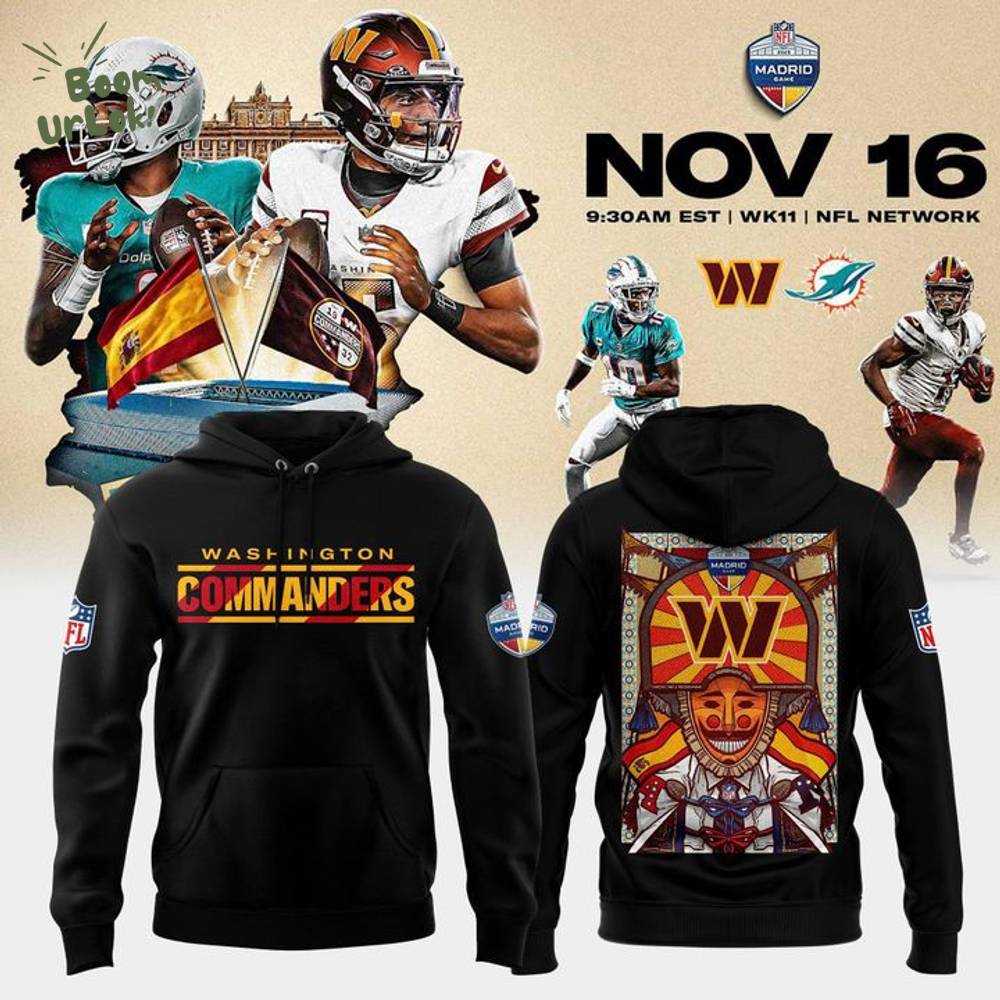 Washington Commanders Black 2025 NFL Madrid Game Black Hoodie Washington Commanders Black 2025 NFL Madrid Game Black Hoodie