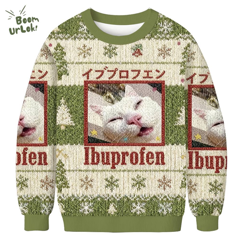 Green Ibuprofen Meme Cat Christmas Ugly Sweat Green Ibuprofen Meme Cat Christmas Ugly Sweat