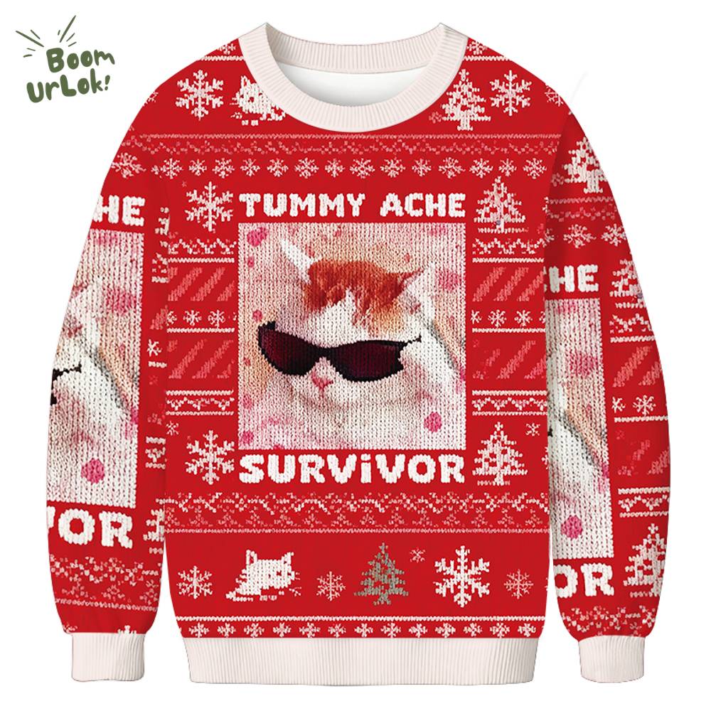 Tummy Ache Survivor Funny Cat Meme Christmas Ugly Sweat Tummy Ache Survivor Funny Cat Meme Christmas Ugly Sweat