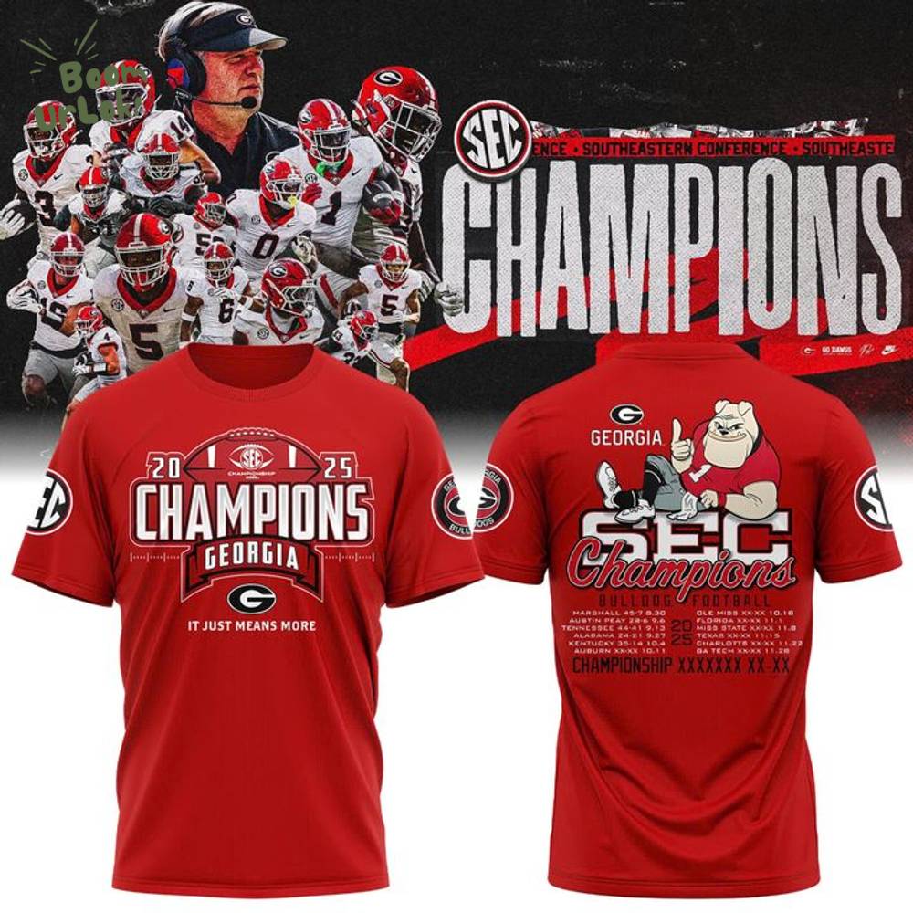 Red Georgia Bulldogs 2025 SEC Football Champions Locker Room T-Shirt Red Georgia Bulldogs 2025 SEC Football Champions Locker Room T-Shirt